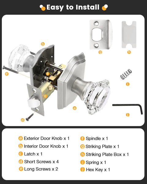 Clear Octagon Crystal Glass Door Knob Kit With Keyless Passage Handle for Hallway, Closet, Pantry parts and installation guide