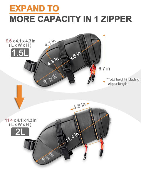 Expandable Bike Seat Bag Under Seat Waterproof Saddle Bag For Mountain Road And Commuter Bikes 1.5L To 2L capacity shown.