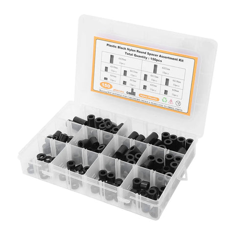 Nylon Spacers Assortment Kit With 150 Pieces For Electronics, PCBs And 3D Printing, Heat And Abrasion Resistant Standoffs, 10 Sizes From 3mm To 25mm, Comes In A Handy Storage Box, open organized case