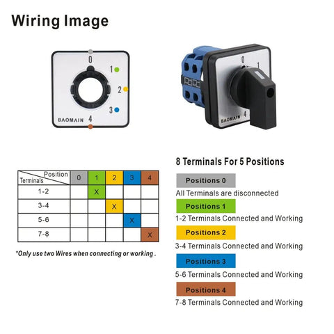 Wiring diagram and 20A 660V Cam Changeover Switch With 5 Position Rotary Selector, 8 Terminals, SZW26-20/0-4.2, Heavy Duty Motor Control