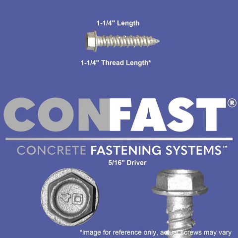 1/4 Inch By 1-1/4 Inch Concrete Screws With Diamond Point 410 Stainless Steel Self-Tapping Hex Head Fasteners includes drill bit