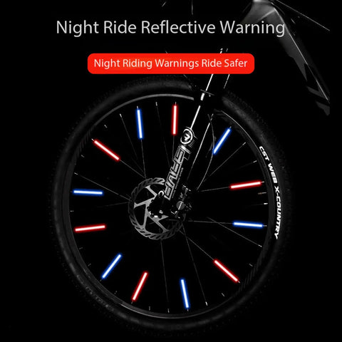 36 Pcs Cycling Reflectors In Red Yellow And Blue For Your Night Rides on bike wheel showing spoke lights in dark