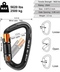 Auto Locking Climbing Carabiner Set, Heavy Duty Large D Shaped Aluminum 7075, 25kN Load Capacity, showing dimensions and details