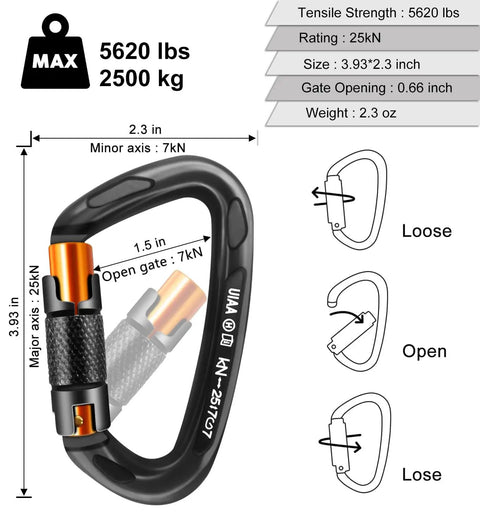 Auto Locking Climbing Carabiner Set, Heavy Duty Large D Shaped Aluminum 7075, 25kN Load Capacity, showing dimensions and details