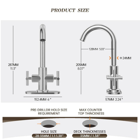 Brushed Nickel Vanity Faucet With 4 Inch Centerset Or Single Hole Setup dimensions and installation guide.