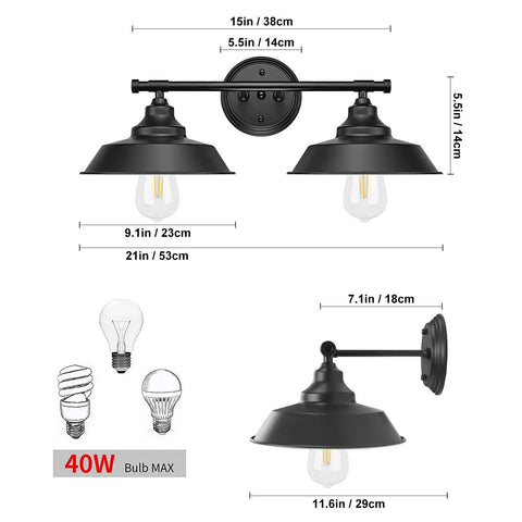 Detailed dimensions of Two Light Matte Black Bathroom Vanity Light Bar For Mirror Dope Farmhouse Rustic Industrial Style Easy Install