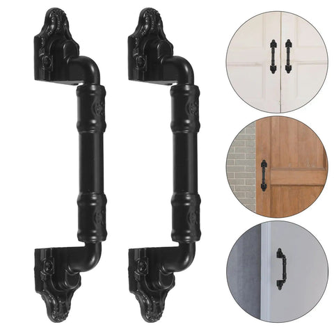 2 Pack Black Iron Barn Door Handles For Garages And Cabinets - No Drilling Required, shown on doors