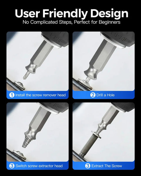 Step-by-step use of Damaged Screw Extractor Set For Stripped Screws And Bolts showing installation and extraction process