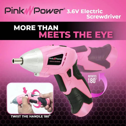 Cordless Screwdriver Kit In Pink With 3.6V Rechargeable Battery, LED Light, mini drill, pink handle, 180-degree rotation feature