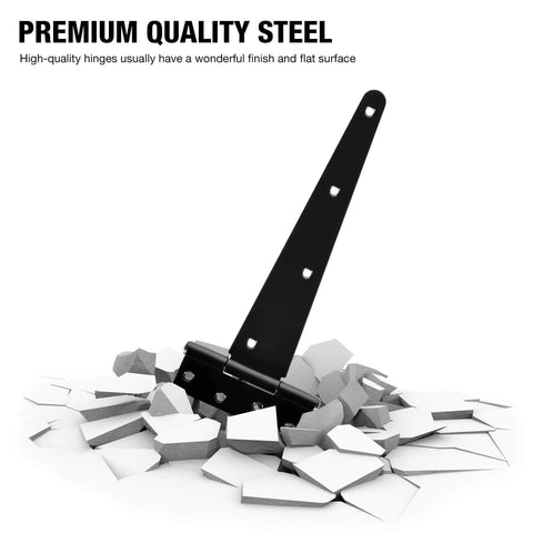 10 Inch T Strap Shed Door Hinge Heavy Duty 2 Pack Gate Hinge exhibiting strength in a pile of shattered material