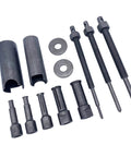 Thinking Process: 12-piece metal bearing puller kit with sleeves, adapters, and threaded rods