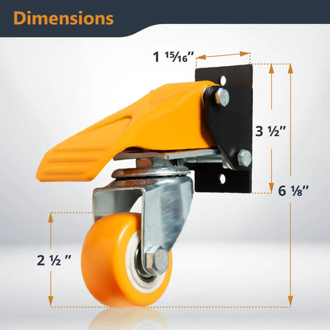 Heavy Duty Workbench Caster Kit With Retractable Stepdown Swivel Wheels Set Of Four Two Point Five Inch TPR Casters 600 Pound dimensions showing orange wheel and pedal.