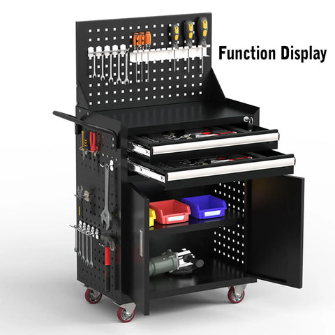 Heavy Duty 2 Drawer Tool Cart On Wheels With Pegboard And Screwdriver Holder, Rated To 660 Lbs, black steel cart with open cabinet and drawers