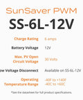 Text listing features of SunSaver PWM SS-6L-12V, including charge rating, battery voltage, and temperature range.