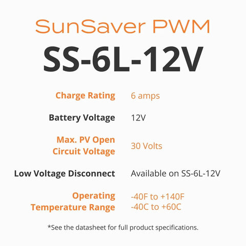 Text listing features of SunSaver PWM SS-6L-12V, including charge rating, battery voltage, and temperature range.