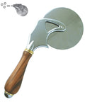 Deluxe Stainless Steel Pizza Cutter Woodturning Kit for DIY Lathe Projects, showing metal blade and wood handle, hardware parts visible.