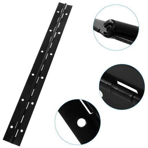 Pro Grade 12 Inch Heavy Duty Piano Hinges Two Pack Black Steel Continuous cabinet hardware showing hinge details and hole for screws.