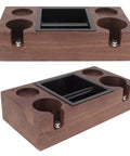 Legit Premium Walnut Wood Coffee Tamping Station With Stainless Steel Knock Box And Adjustable Height Tamper Base for organizing espresso tools.