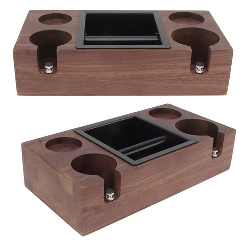 Legit Premium Walnut Wood Coffee Tamping Station With Stainless Steel Knock Box And Adjustable Height Tamper Base for organizing espresso tools.