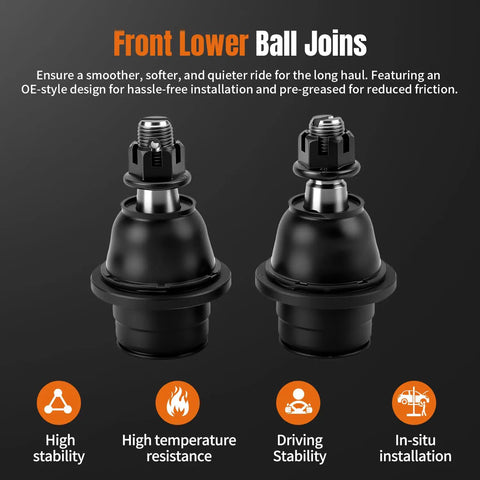 Front Lower Ball Joint Kit Two-Piece Beefed-Up For Ford F-150 2009-2014, Expedition 2007-2017, Lincoln Navigator 2007-2017 Premium Forged Steel Suspension Ball Joints Built Tough For Smooth Handling And Lasting Ride. Two black forged steel front lower ball joints
