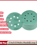 Get These 15 Green Sanding Discs For Serious Grit And Fast Deburring On Wood Metal Or Auto Surfaces With Hook Loop Backing That Stays Tight During Heavy Duty Use No More Replacing Worn-Out Discs, showing stacked 5 inch 8 hole green sanding discs.