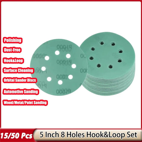Get These 15 Green Sanding Discs For Serious Grit And Fast Deburring On Wood Metal Or Auto Surfaces With Hook Loop Backing That Stays Tight During Heavy Duty Use No More Replacing Worn-Out Discs, showing stacked 5 inch 8 hole green sanding discs.