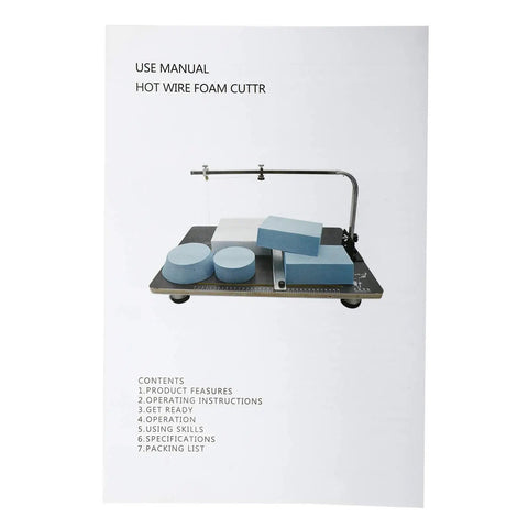 Tabletop Hot Wire Foam Cutter 110V 30W with foam pieces, adjustable temperature to 300°F, shown on manual cover.