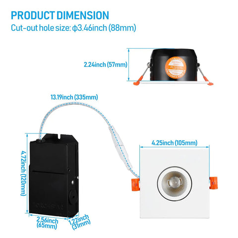 Three Inch Gimbal LED Recessed Light With Junction Box Pack Of 6, 7W Canless Dimmable Square Ceiling Light With CRI 90, 2700K Soft White, Swivel Adjustable, Easy Install, ETL And Energy Star Certified