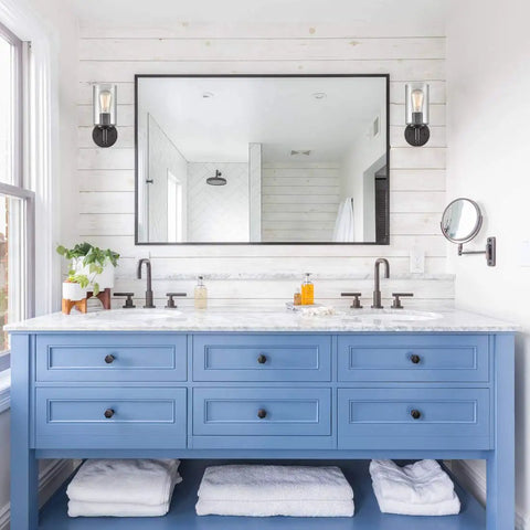 Bathroom scene with Contemporary Oil Rubbed Bronze Bubble Glass Wall Sconces Set Of Two Plug In With Switch Adjustable Up Down Lighting