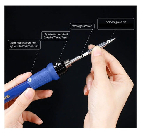 Hands holding 992D Plus All In One Pro Grade Soldering Station iron with high-temp resistant grip and soldering tip.