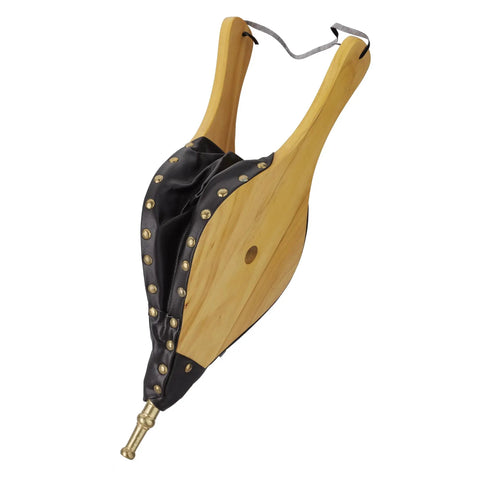 Top Shelf 19 Inch Oversized Fire Bellows Hand Carved From Dense Oak Wood With Genuine Leather Accents And Rustic Studs, side view.