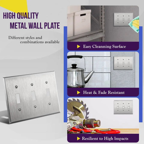 Stainless Steel Wall Plate For Toggle Switches 3 Gang 4.50 By 6.38 Inches Corrosion Resistant Cover For Rotary Dimmers And Lights Switches Brushed Silver Finish UL Listed Built Tough Industrial Grade