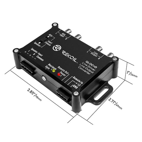 2 Channel Line Output Converter And Driver For Car Audio, 2 In 1 Line Driver With Removable Terminal Blocks, 10V High RCA Output shown with dimensions