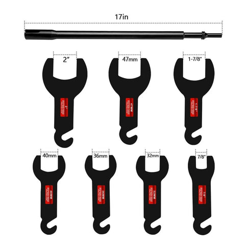 Eight Piece Pneumatic Fan Clutch Wrench Set With 43300 Removal Tool Kit for Ford GM Chrysler Jeep auto repair spanner kit shown.