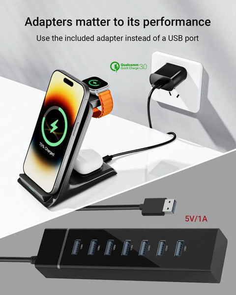 Wireless Charger For Thick 10mm Cases OtterBox Heavy Duty 3 In 1 Charging Dock for iPhone with Apple Watch and AirPods shown in use