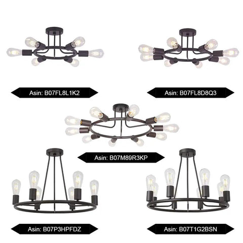Five modern Sputnik chandeliers in oil rubbed bronze, diverse 10-light semi flush mount views, cool retro industrial vibe.