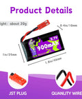 Beefy 900mAh 3.7V JST Battery For RC Drones with measurements and JST plug details