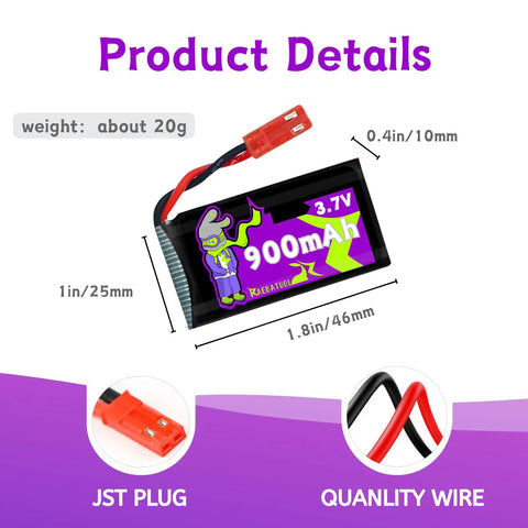 Beefy 900mAh 3.7V JST Battery For RC Drones with measurements and JST plug details