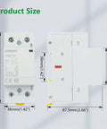 Heavy Duty 63A AC DC Contactor With Two Pole Two Normally Open Contacts And 24V Coil shows dimensions and electrical specifications.