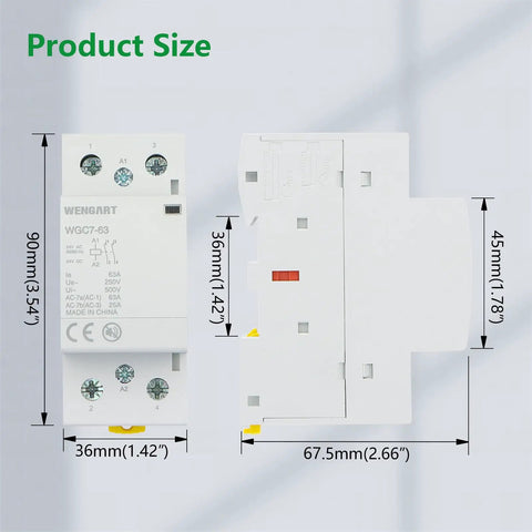 Heavy Duty 63A AC DC Contactor With Two Pole Two Normally Open Contacts And 24V Coil shows dimensions and electrical specifications.