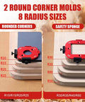 Pro Grade Aluminum Router Corner Radius Template Set With Eight Radius Sizes R10 To R50 in red and black on rounded wood edges.