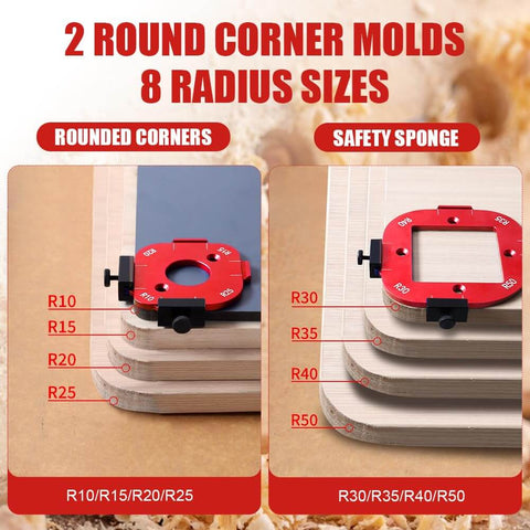 Pro Grade Aluminum Router Corner Radius Template Set With Eight Radius Sizes R10 To R50 in red and black on rounded wood edges.