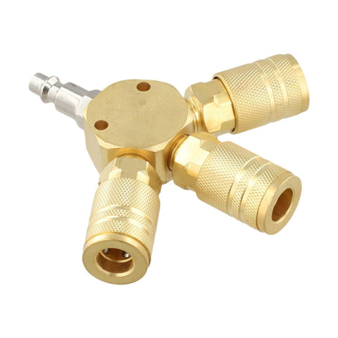Three Way Brass Pneumatic Manifold With Quick Connect Brass Couplers For Seamless Air Lines In The Shop Or Garage Heavy Duty