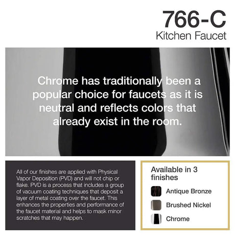 Chrome Finish One Handle Pull Down Sprayer Kitchen Faucet With 360 Degree Swivel Spout, shown in three finishes.