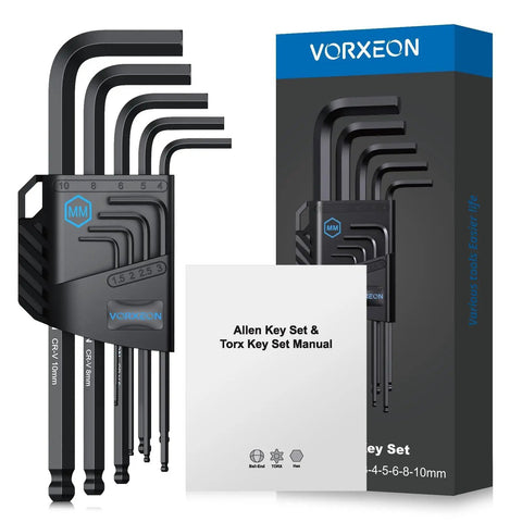 Ultra Durable 9 Piece Allen Wrench Set 1.5 to 10 mm with box and manual, black L keys, visible coding