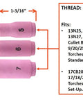 Pink ceramic nozzles for Stubby Setup TIG Torch Consumables Kit For 17, 18, 26 Series with measurements and compatibility