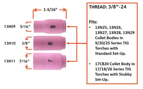 Pink ceramic nozzles for Stubby Setup TIG Torch Consumables Kit For 17, 18, 26 Series with measurements and compatibility