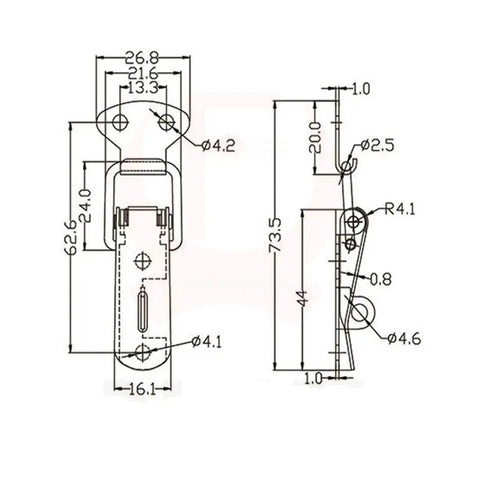 Dimensions diagram of Spring Loaded Toggle Latch For Cabinets Sliding Doors Windows And Furniture Hardware Iron Construction Built Tough