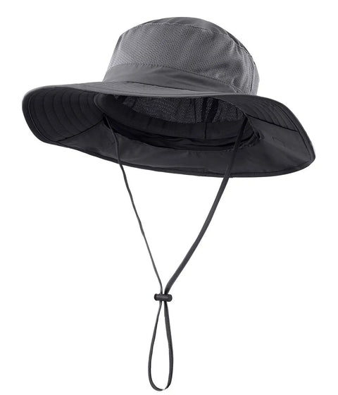 UPF50+ Mesh Sun Hat With Wide Brim And Neck Flap For All Day Comfort Breathable Quick Dry Polyester Nylon Lightweight Fishing Hat With Adjustable Chin Strap Big Head Friendly Dark Gray, side view