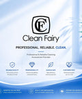 Clean Fairy logo and tagline on blue background with quality assurance icons and features